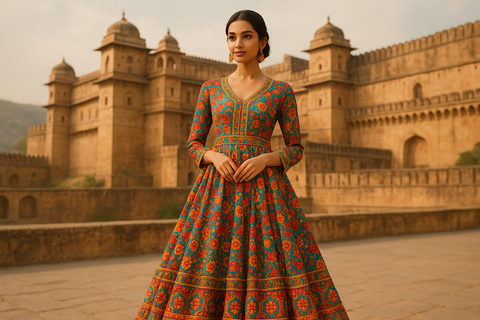 anarkali style jaipuri printed wearing a lady model standing in front of fort