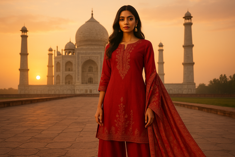 Model in Designer Red Kurti at Sunrise