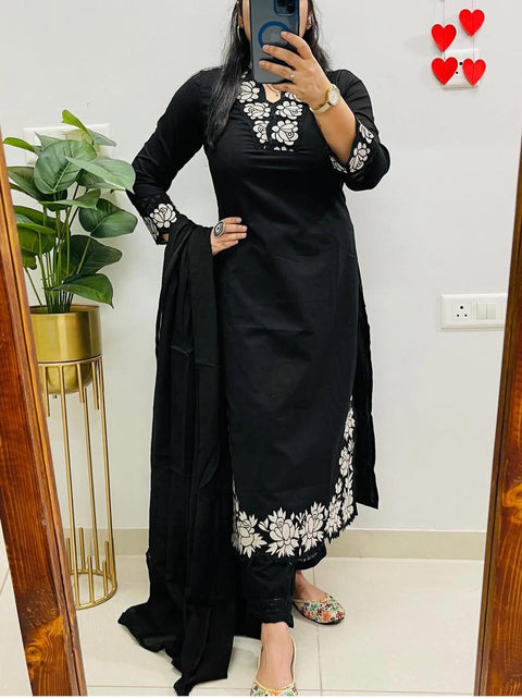 Cotton Embroidery Kurti Pant And Dupatta Set For Women's