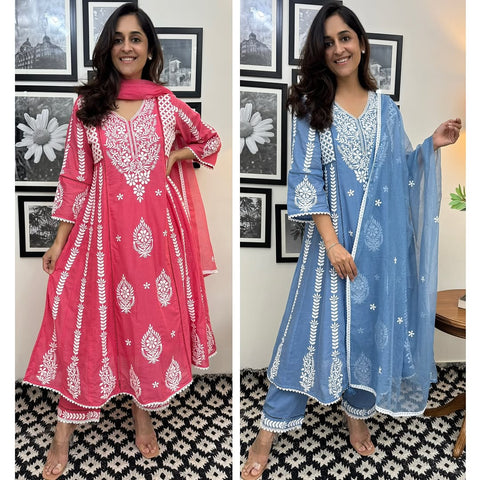 Cotton Embroidery Kurta Pant With Dupatta Set For Women's