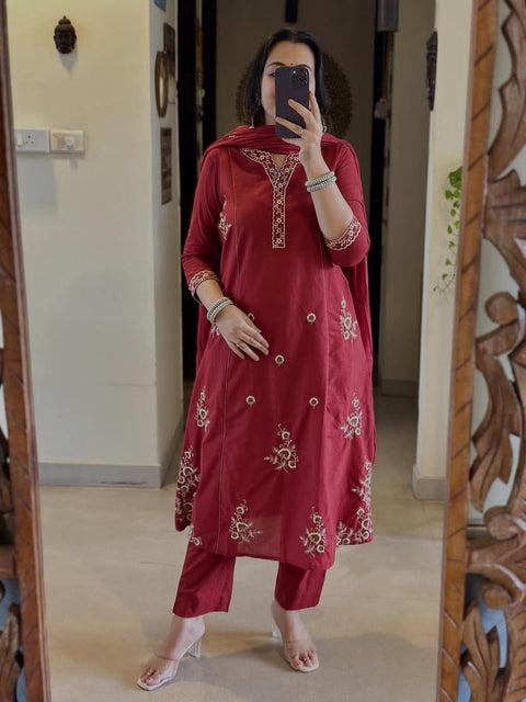 New Embroidery Work Kurti And Pant With Dupatta Set For Women's