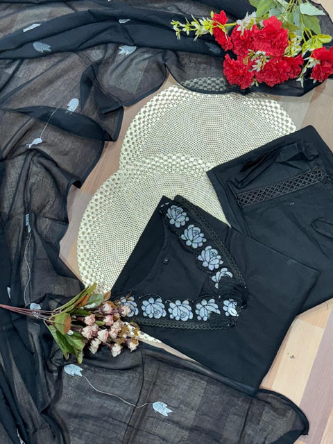 Cotton Embroidery Kurti Pant And Dupatta Set For Women's