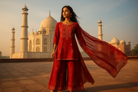 Model in Ornate Red Kurti at Dawn