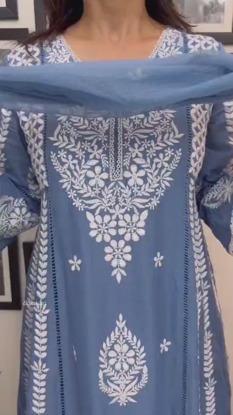 Cotton Embroidery Kurta Pant With Dupatta Set For Women's